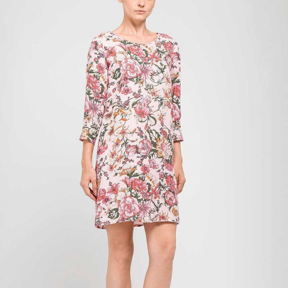 120% Lino Italian Linen Floral Print Shift Dress in Light Pink
